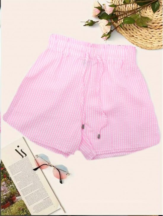 Solid Colored Striped Shorts w/ Front Tie & Pockets